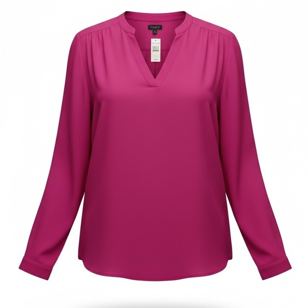 Talbots Womens XL Fuchsia Pink Split V-Neck Long‎ Sleeve Crepe Blouse Casual